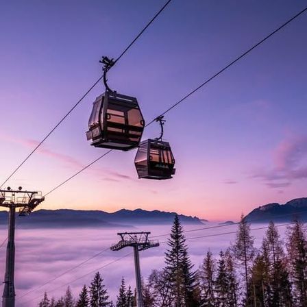 Zwei Seilbahnen hängen von Seilen über einer nebligen Landschaft mit Bergen und Kiefern.