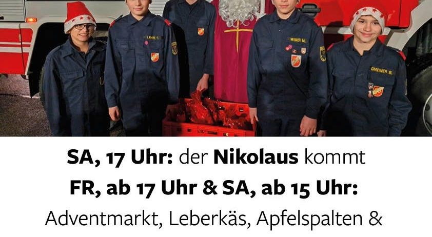 Ein Plakat zeigt fünf junge Leute in Uniform vor einem Feuerwehrauto mit dem Weihnachtsmann. Veranstaltungen für das kommende Wochenende sind aufgelistet.