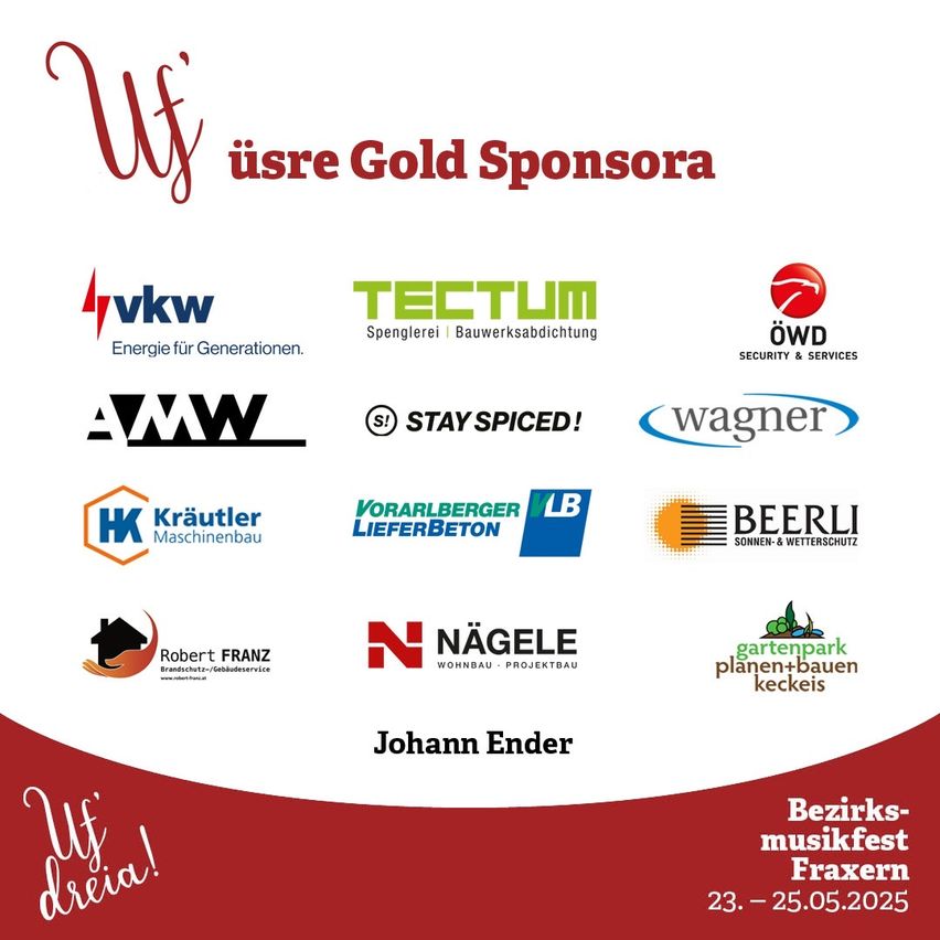 Eine Werbung für ein Musikfestival in Fraxern mit mehreren Sponsoren wie vkw Energie, Tectum, OWD Security und mehr. Das Festival ist für den 23.-25.05.2025 geplant.