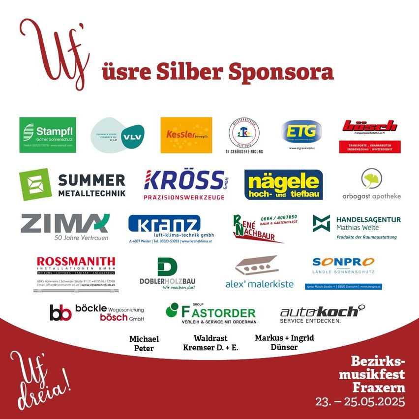Ein Plakat zeigt eine Liste von Sponsoren mit ihren Logos für ein Musikfestival in Fraxern vom 23. bis 25. Mai 2025. Die Sponsoren umfassen lokale Unternehmen und Dienstleistungen.