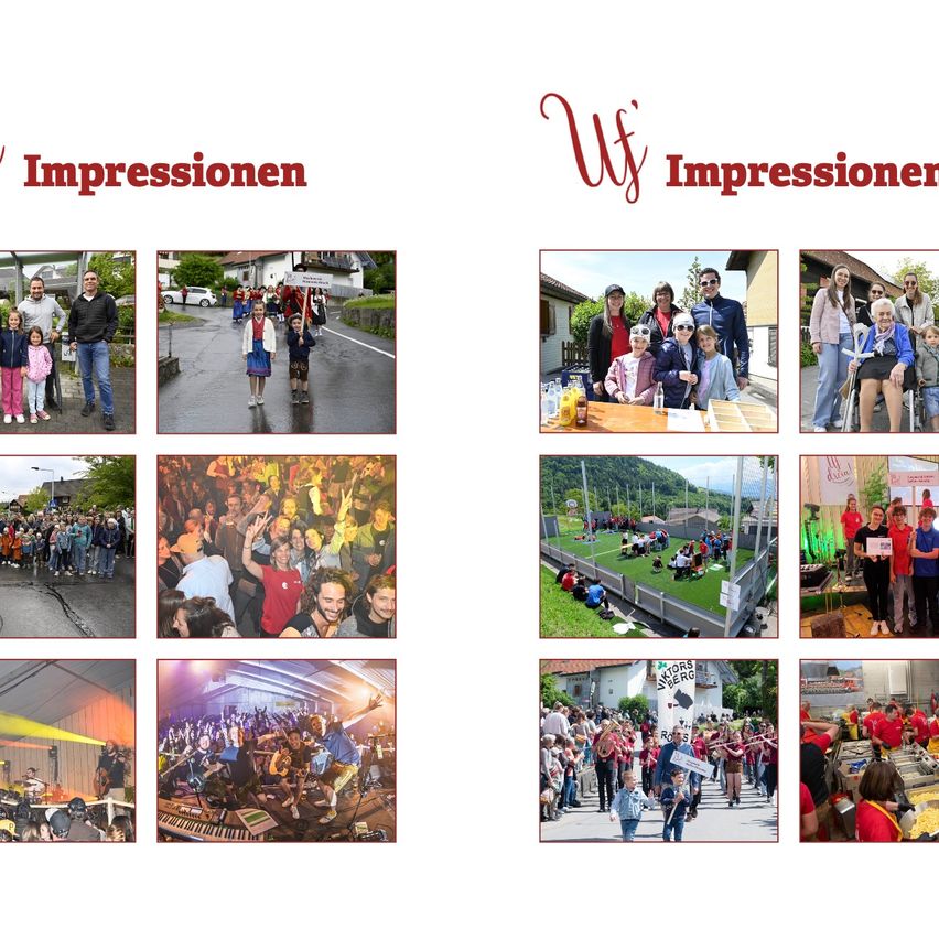 Eine Sammlung von Bildern, die verschiedene Szenen von Veranstaltungen zeigen. Es enthält eine Parade, eine große Menschenmenge, ein Familientreffen, ein Sportfeld, eine musikalische Aufführung und eine geschäftige Straße.