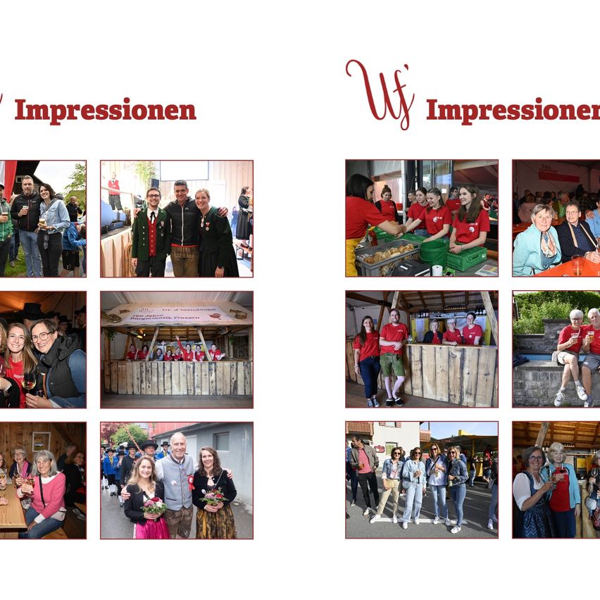 Das Bild zeigt eine Collage von Fotos mit dem Titel 'Impressionen' mit verschiedenen Szenen. Es enthält Menschen auf einem Festival, Personen bei der Essenszubereitung, eine Gruppe, die an einem Tisch sitzt, eine Frau mit einem Weinglas und andere.