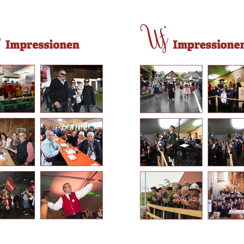 Eine Collage von Bildern mit dem Titel 'Impressionen' zeigt verschiedene Szenen von Menschen in unterschiedlichen Umgebungen. Die Bilder zeigen Gruppen von Menschen bei Aktivitäten, Musiker bei Auftritten und eine festliche Atmosphäre.