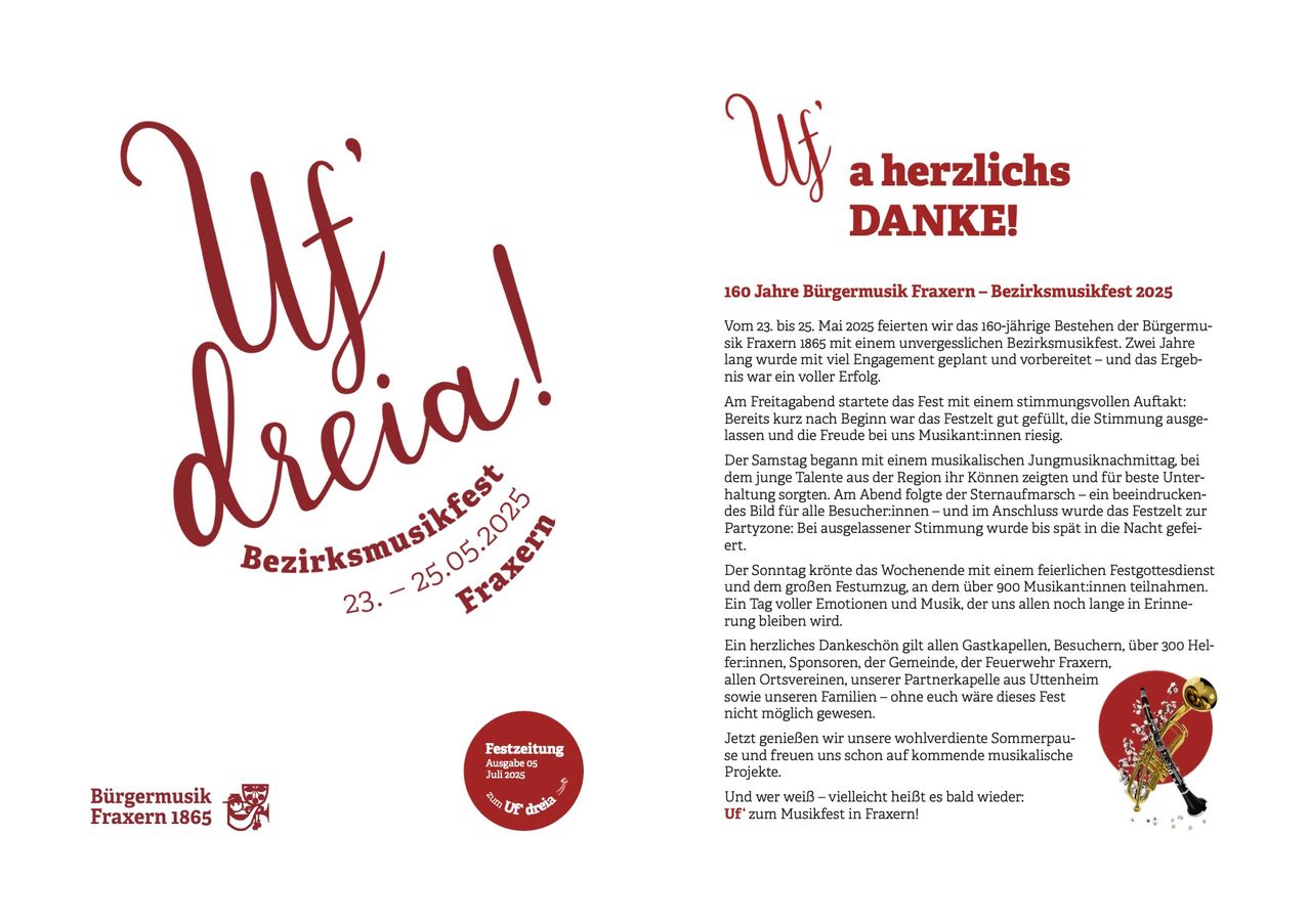 160 Jahre Bürgermusik Fraxern - Bezirksmusikfest vom 23. bis 25. Mai 2025. Das Festival, gestartet mit Engagement, bietet Live-Auftritte und Musiker. Freitag begann mit einem vollen Festival, Samstag zeigte lokale Talente und Sonntag endete mit über 900 Musikern und Familien.