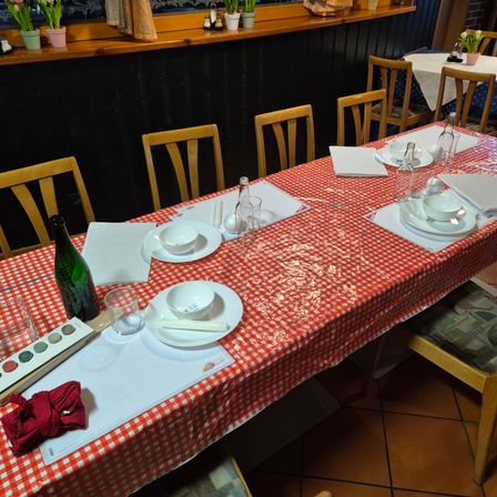 Ein Esstisch ist für eine Mahlzeit gedeckt. Er hat eine rot-weiß karierte Tischdecke und ist von Holzstühlen umgeben. Auf dem Tisch stehen Teller, Schüsseln, Gläser und Servietten.