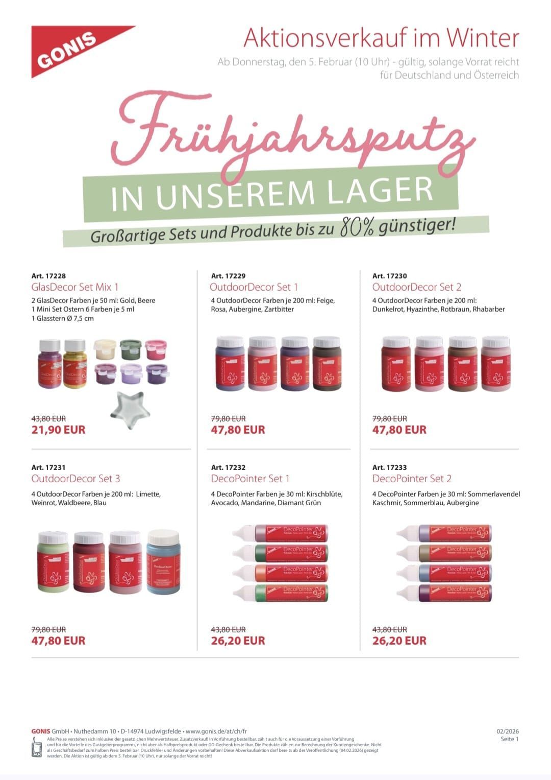 Eine Werbung für Farbsets mit verschiedenen Farboptionen und Größen. Es umfasst Outdoor-Sets, Glas-Sets und DecoPointer-Sets. Die Preise reichen von 21,90 EUR bis 47,80 EUR. Es werden auch Rabatte bis zu 80% erwähnt.