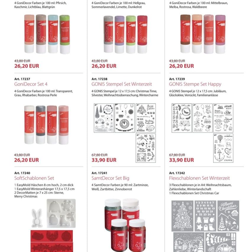 Ein Katalog, der verschiedene DIY-Bastelsets vorstellt: 4 GonIDecor-Sets mit verschiedenen Farben, 4 GONiS-Stempel-Sets, 3 SamtDecor-Sets und 3 FlexSchablonen-Sets, jeweils mit Preis und Details. Die Sets enthalten Farben, Größen und themenspezifische Artikel.