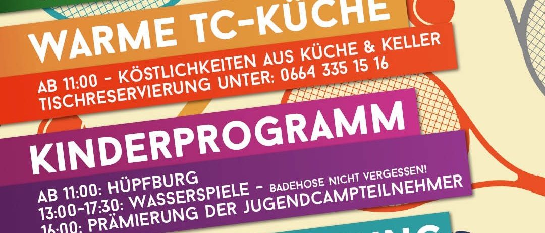 Plakat für einen Familientennistag am 26. Juli. Es enthält Details über warme Küche, Kinderprogramm und eine Abschlussfeier.