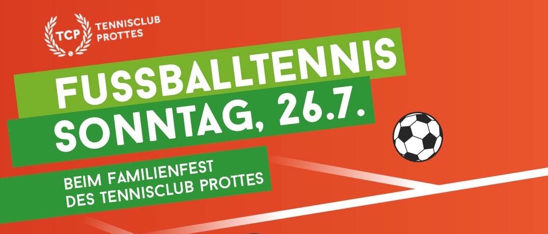 Plakat für ein Fußballevent im Tennisclub Prottes am Sonntag, 26. Juli. Es zeigt Fußballbälle in Bewegung und enthält Details wie Anmeldeinfos, Gebühr und Startzeit.