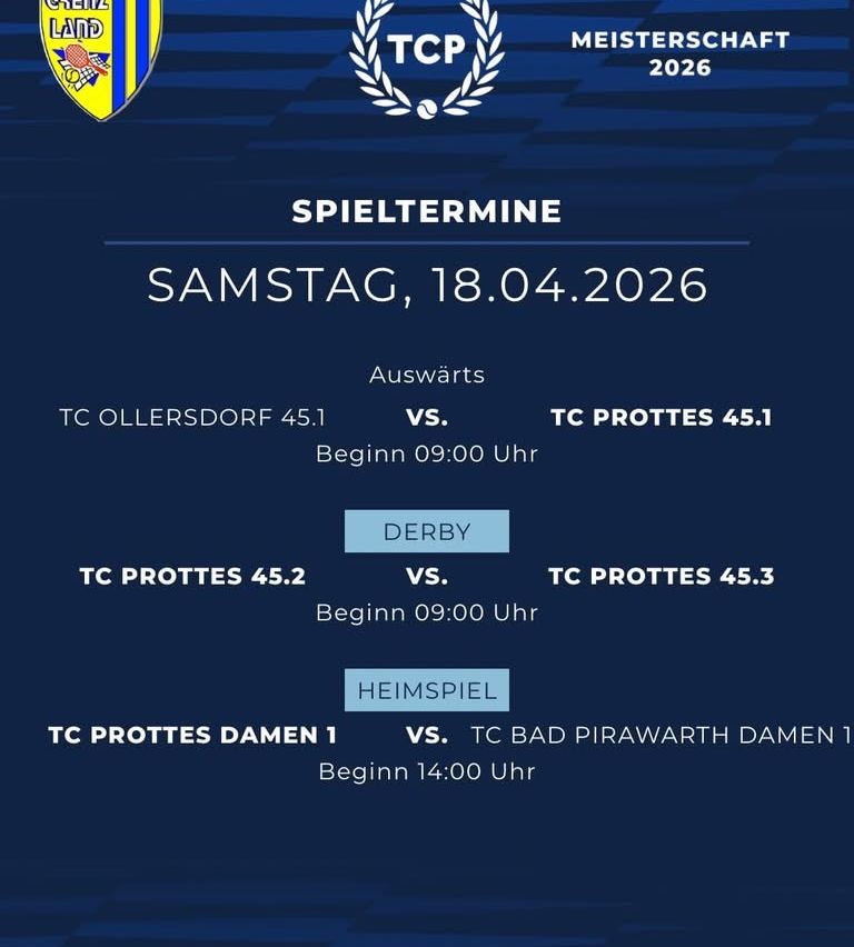 Spieltermine für Samstag, 18.04.2026: Auswärtsspiel TC OLLERSDORF 45.1 gegen TC PROTTES 45.1 beginnt um 09:00 Uhr. Derbyspiel TC PROTTES 45.2 gegen TC PROTTES 45.3 beginnt um 09:00 Uhr. Heimspiel TC PROTTES DAMEN 1 gegen TC BAD PIRAWARTH DAMEN 1 beginnt um 14:00 Uhr.