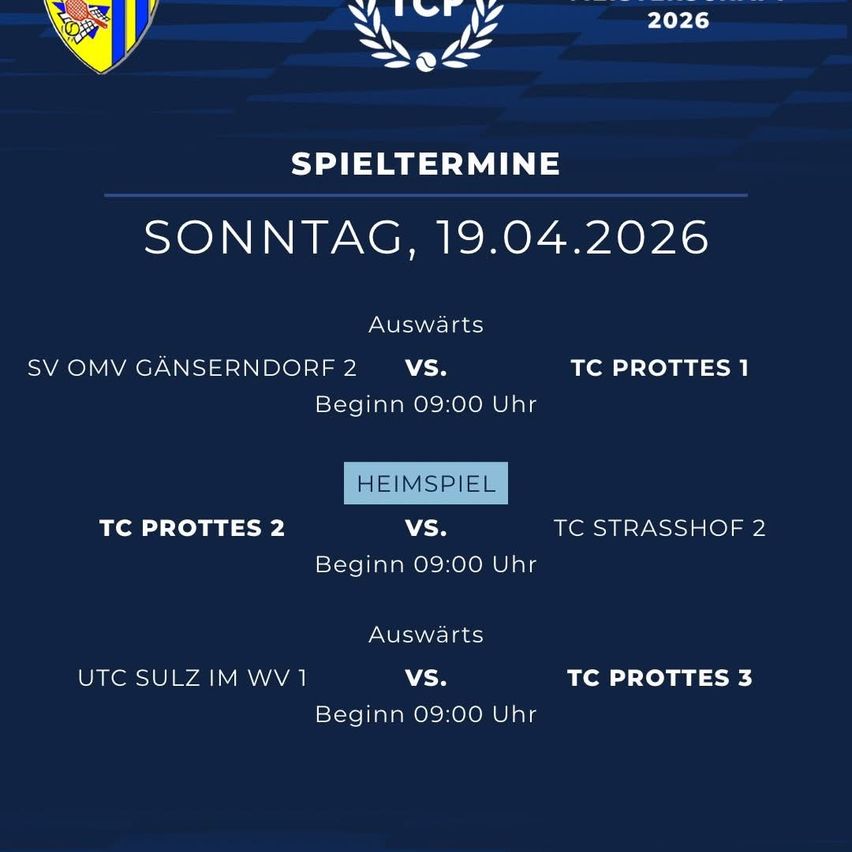 Ereignisposter mit blauem Hintergrund zeigt Spieldaten und Teams. Am 19. April 2026 spielt SV OMV Gänserndorf 2 gegen TC Prottes 1 um 09:00 Uhr. Ein Heimspiel zwischen TC Prottes 2 und TC Strasshof 2 ist ebenfalls für 09:00 Uhr angesetzt. UTC Sulz im WV 1 trifft um 09:00 Uhr auf TC Prottes 3.
