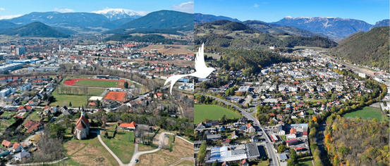 Zwei Luftaufnahmen einer Stadt. Eine zeigt eine große Kirche und ein Sportfeld. Die andere zeigt eine kleinere Stadt mit mehr Gebäuden und einer großen Straße.