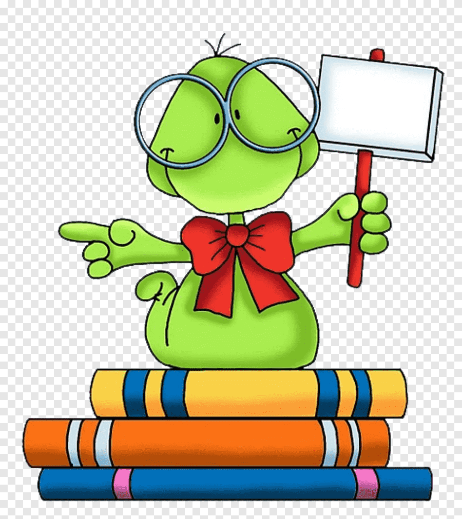 Ein gezeichneter Eidechsen trägt eine Brille und eine rote Schleife und hält ein leeres Schild in der Hand und zeigt auf einen Stapel bunter Bücher.