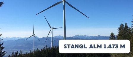 Drei Windturbinen stehen auf einem Hügel mit Bergen im Hintergrund. Die höchste Turbine hat eine Höhe von 1.473 Metern.