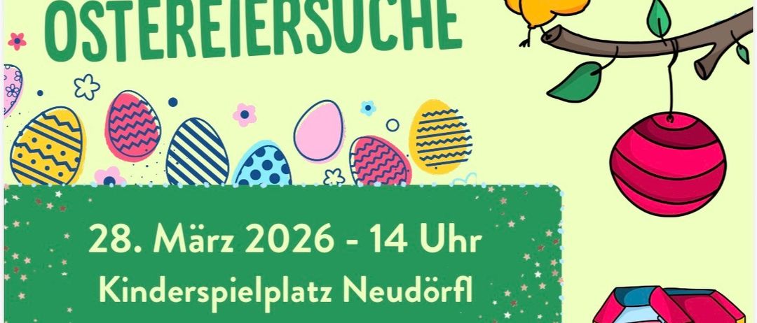 Veranstaltungsplakat für Neudorfs Kinder-Osterfest am 28. März 2026 um 14 Uhr. Mit Hüpfburg, Bastelstation und Besuch vom Osterhasen. QR-Code für weitere Informationen.