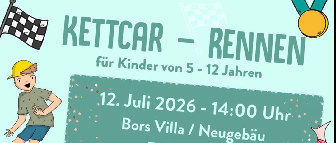 Flyer für Kinder von 5-12 Jahren, am 12. Juli 2026 um 14:00 Uhr, Bors Villa/Neubau, 7201 Neudorf. Startgebühr: 10€, Mitgliedsgebühr: 8€. Helmpflicht! Bitte nehmen Sie Ihren eigenen Helm mit! QR-Code für ARBO.