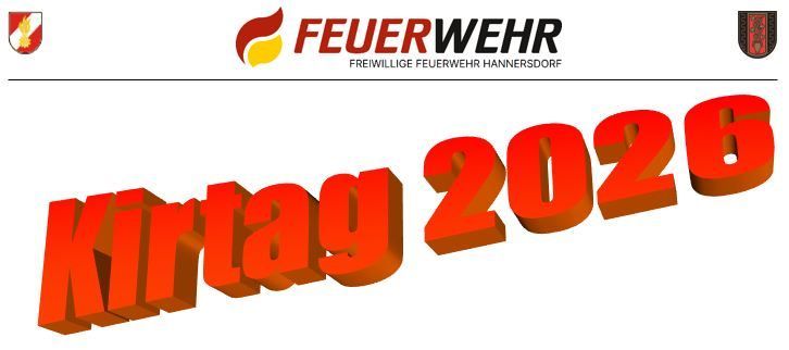 Ein weißer Hintergrund mit dem Text 'Kirtag 2026' in fetten roten und orangefarbenen Schriften. Das Wort 'Kirtag' ist rot und die Zahl '2026' ist orange. Das Wort 'FEUERWEHR' steht über dem Text.