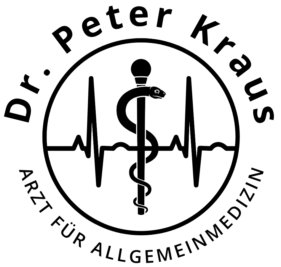Schwarz-weißes Logo für Dr. Peter Kraus, Allgemeinarzt, mit Stethoskop, Mikrofon und EKG-Liniengrafik.