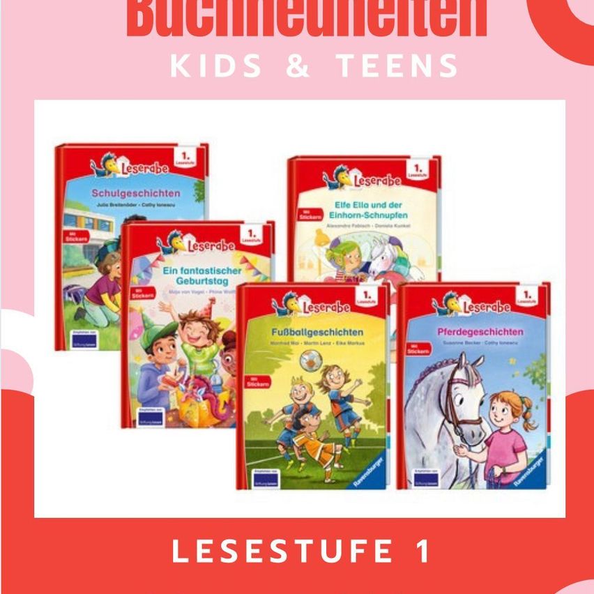 Eine Sammlung von Kinderbüchern von Leserabe, darunter Schulgeschichten, Fantasie-Geburtstagsgeschichten, Fußballgeschichten und Pferdegeschichten.