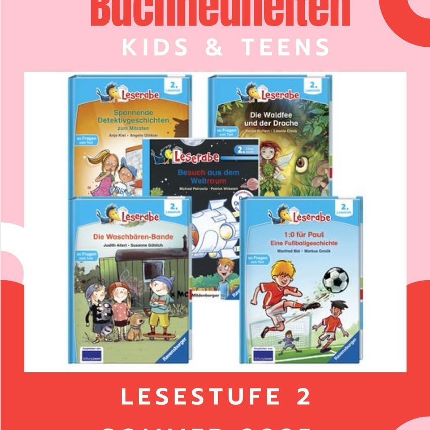 Eine Sammlung von Kinderbüchern für Kinder und Teenager wird angezeigt. Die Titel umfassen 'Leserabe Spannende Detektivgeschichten,' 'Die Waldfee und der Drache,' 'Besuch aus dem Weltraum,' 'Die Waschbären-Bande' und '1-0 für Paul Eine Fußballgeschichte.' Die Bücher sind bunt illustriert und in einer Reihe angeordnet.