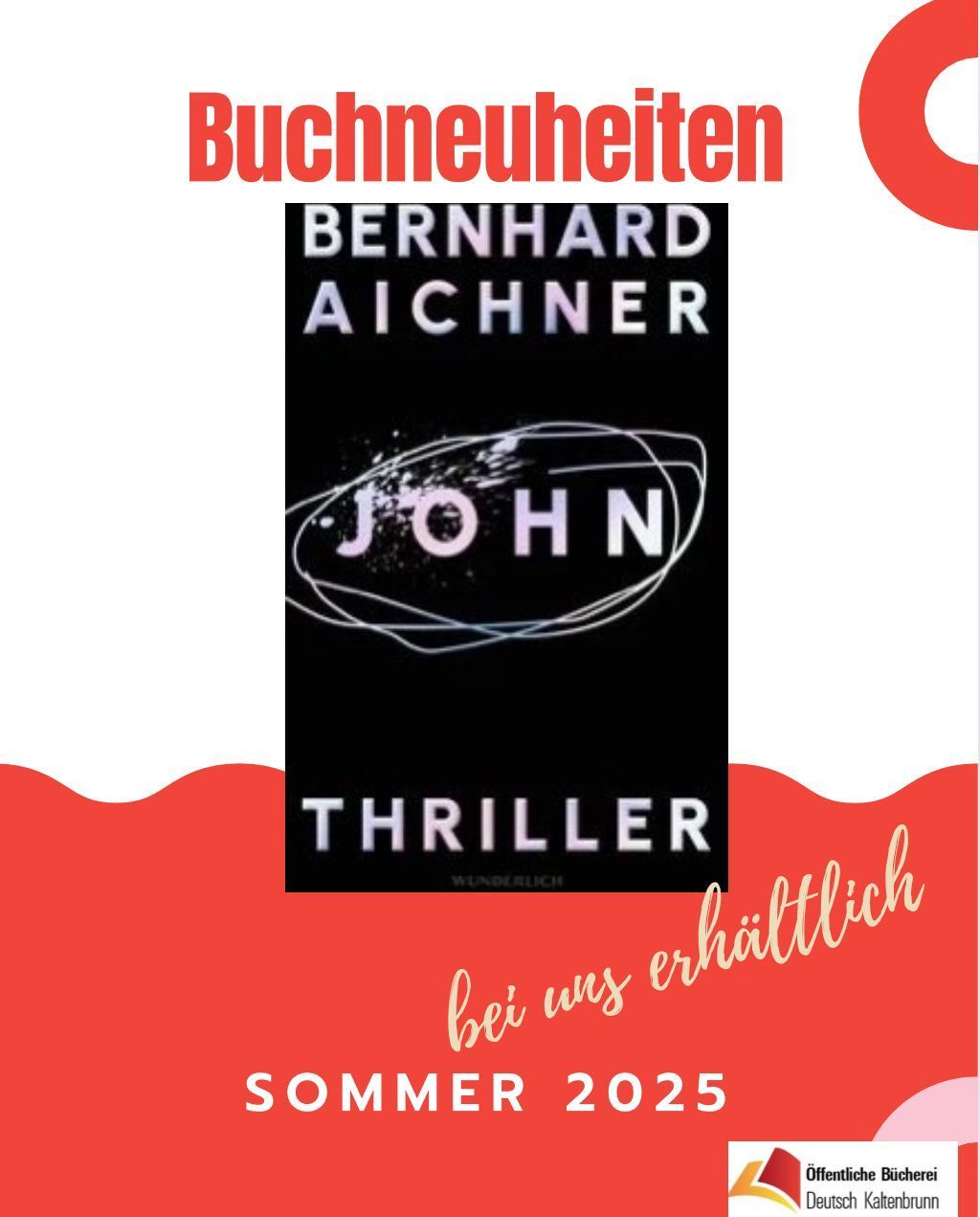 Ein Buchcover für einen Thriller-Roman von Bernhard Aichner, mit dem Titel John, der im Sommer 2025 erscheinen soll. Das Cover ist schwarz mit weißem Text und einem kreisförmigen Design.
