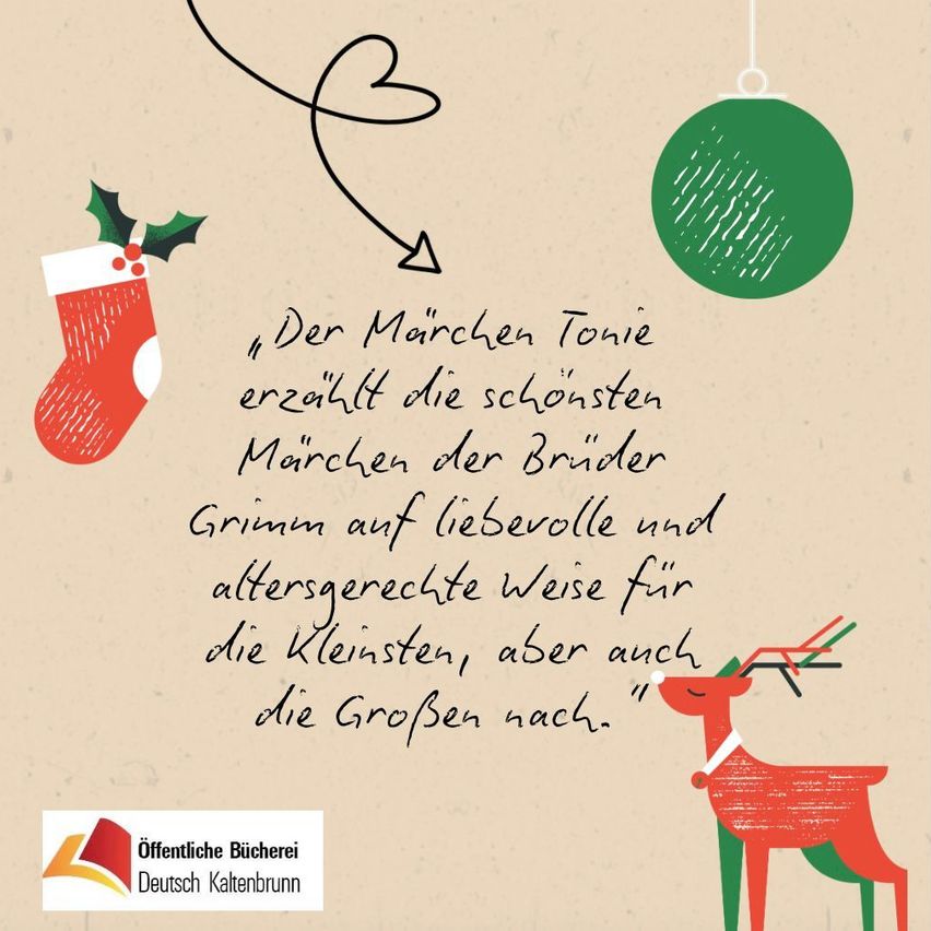 A Christmas card with a Christmas tree, a red sock, and a green ball. It says, 'The Brothers Grimm's fairy tales are told in a way that is both loving and age-appropriate for the youngest, but also for the older ones.'