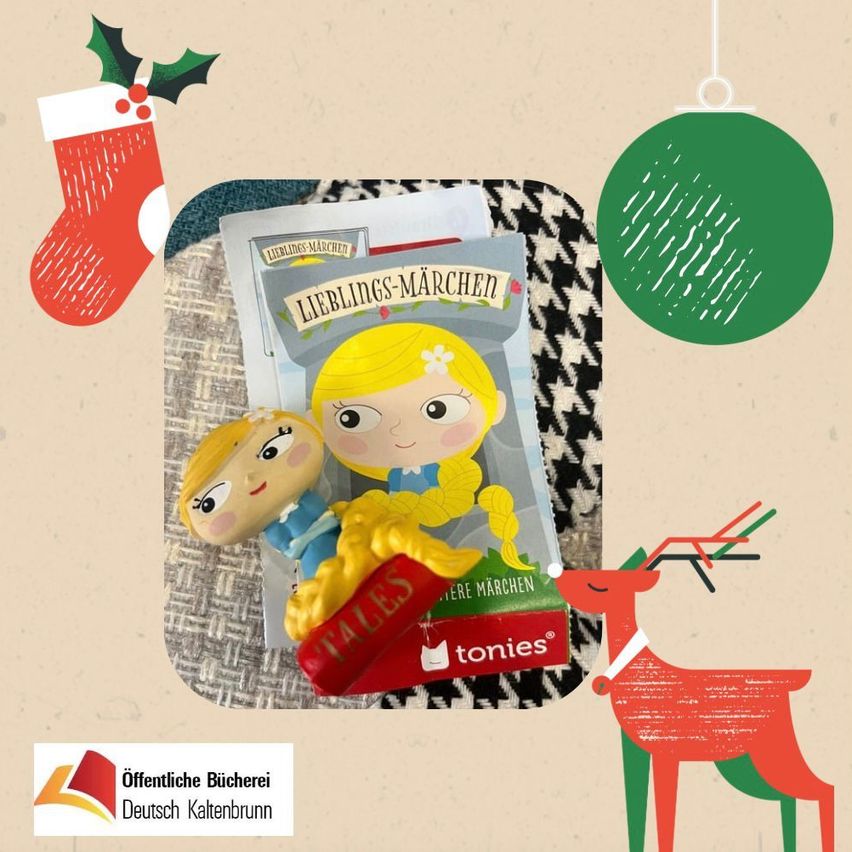 A festive image with a Christmas stocking, a book cover featuring two children, and a reindeer. The book is titled 'Lieblings-Marchen'. The image also includes a green ball and an ornament.