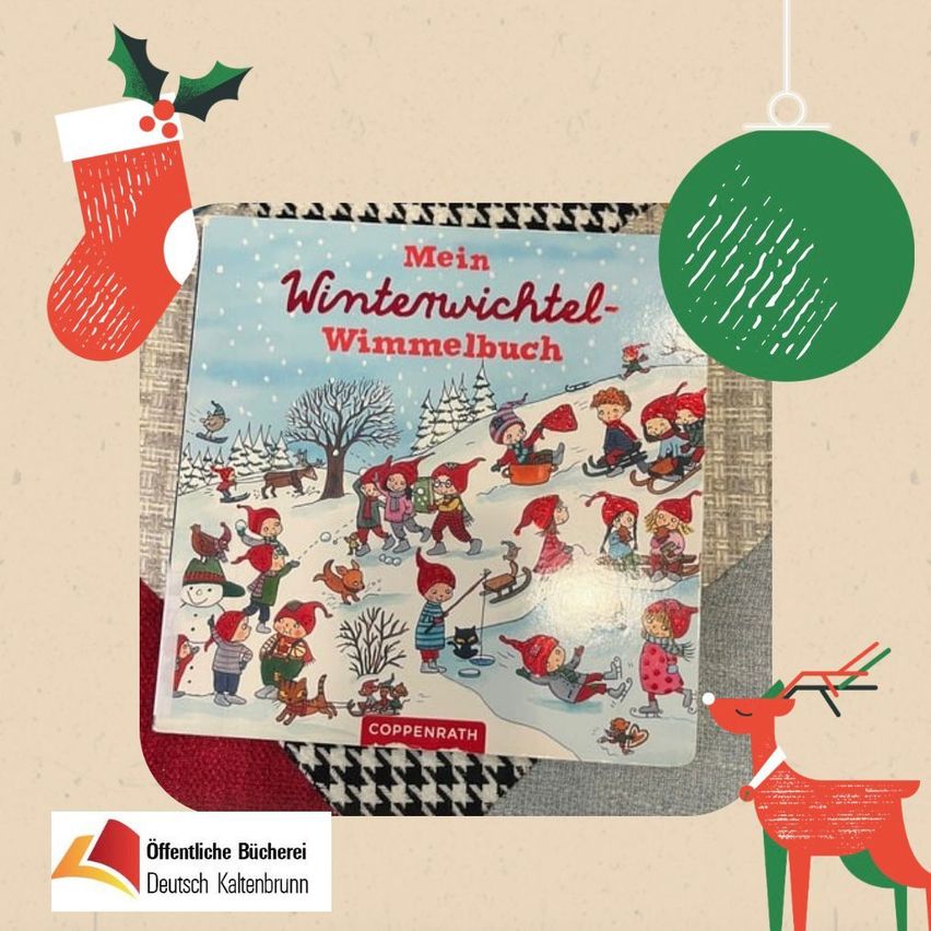 Cover eines Buches mit dem Titel 'Mein Winterwimmelbuch', das eine verschneite Szene mit spielenden Kindern und einem Rentier darunter zeigt.