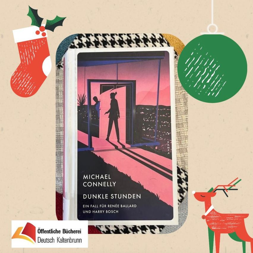 Buchcover mit einer Silhouette eines Mannes und einer Frau. Titel: Dunkle Stunden von Michael Connelly. Illustration eines Weihnachtssockens, Ornamenten und eines Rentiers.