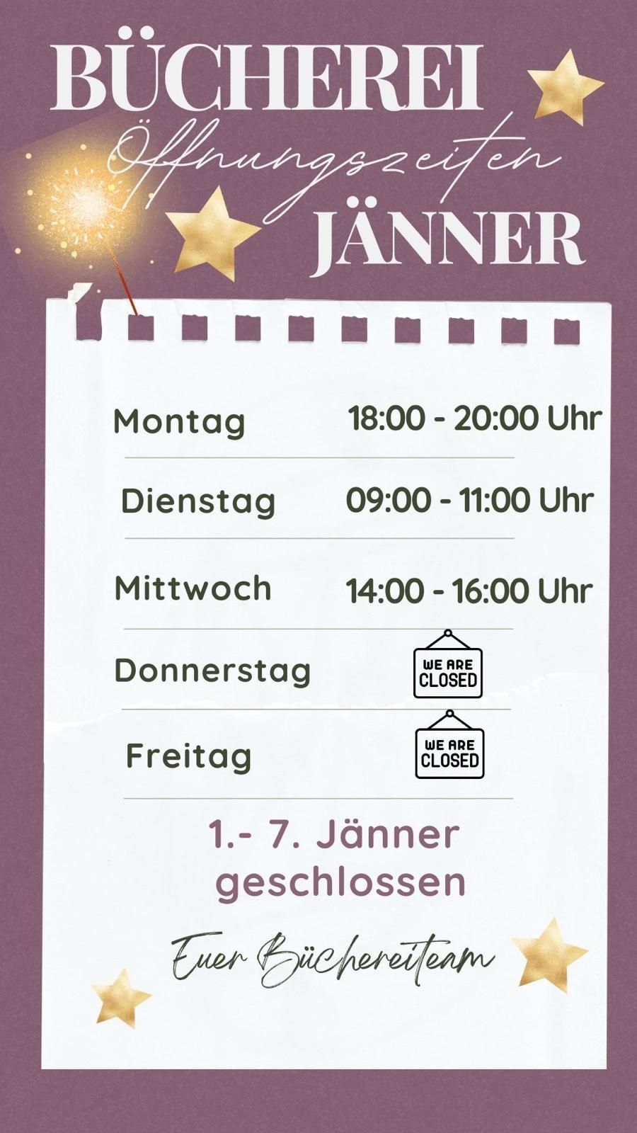 Ein Zeitplan für ein Geschäft zeigt, dass es montags von 18:00 bis 20:00, dienstags von 09:00 bis 11:00 und mittwochs von 14:00 bis 16:00 geöffnet ist. Donnerstag, Freitag und der 1. bis 7. Januar sind geschlossen.