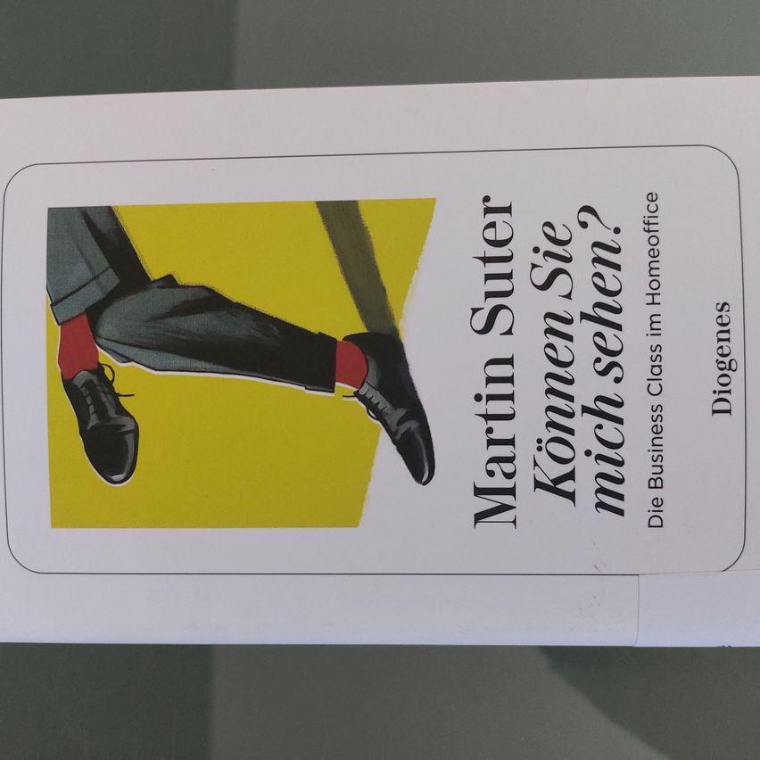 Buchcover mit einem Bein in einem Anzug mit roten Socken und schwarzen Schuhen, das auf ein gelbes Dreieck tritt. Der Titel lautet 'Martin Suter' und der Untertitel ist 'Konnen Sie mich sehen?'. Das Buch ist Teil der 'Die Business Class im Homeoffice'-Reihe.