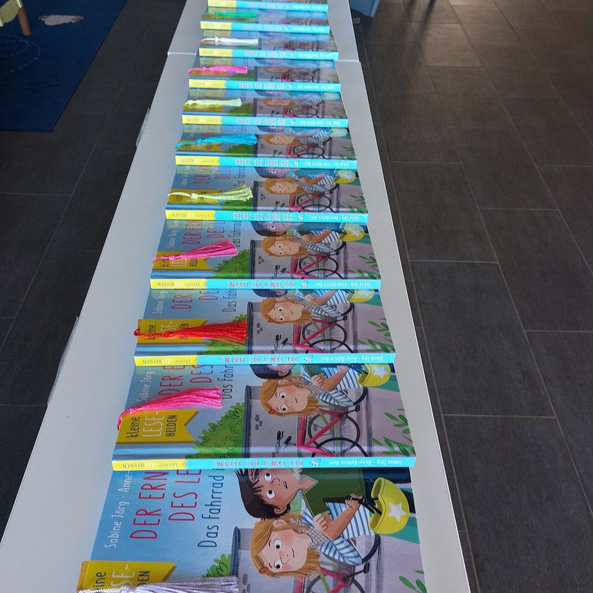 Eine Reihe von Kinderbüchern mit dem Titel 'Der kleine Destle' mit bunten Bändern auf einem weißen Tisch vor einem gefliesten Boden.