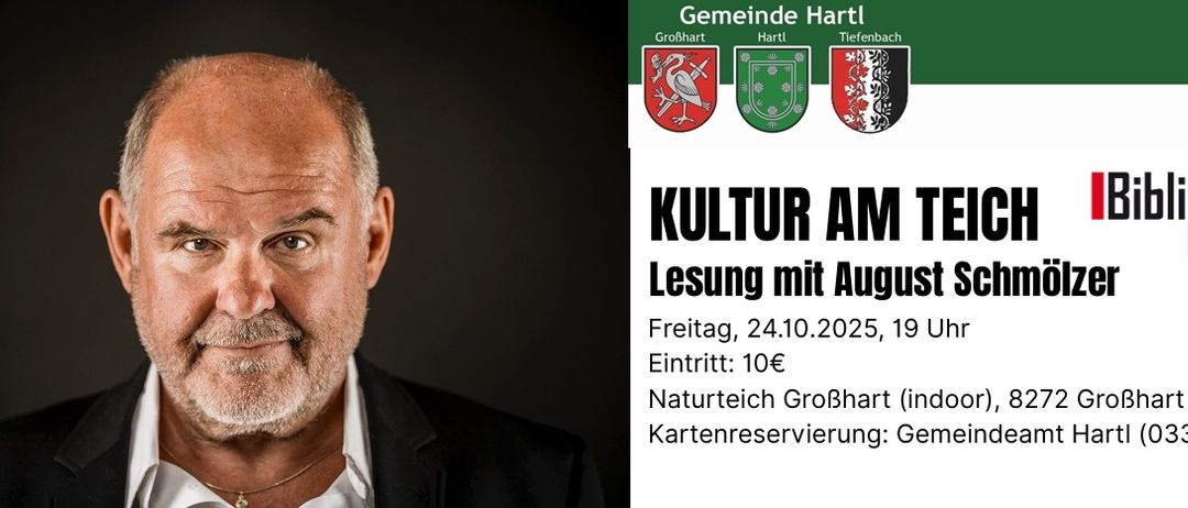 Ein Ankündigungsplakat für Kultur am Teich, mit einem Mann, dem Datum 24. Oktober 2025 und einem Ticketpreis von 10 Euro.