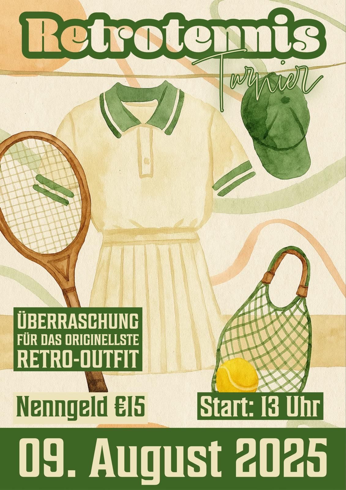 Eine Illustration eines Tennis-Outfits mit Schläger, Tennisball und Mütze. Der Preis beträgt 15 Euro, und die Veranstaltung beginnt um 13 Uhr.