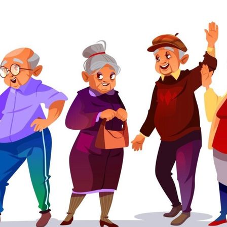 Vier ältere Personen gehen fröhlich zusammen, lächeln und sehen glücklich aus. Einer hebt den Arm, ein anderer hält eine Handtasche, und sie tragen alle Freizeitkleidung.