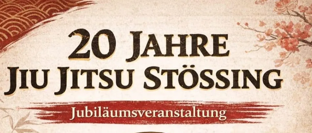 Werbeplakat für eine Jujitsu Stossing-Jubiläumsveranstaltung. Es zeigt das Logo, Datum, Uhrzeit und E-Mail-Kontakt. Die Veranstaltung heißt alle Vereine herzlich willkommen und empfiehlt eine vorherige Anmeldung mit Musikwunsch.