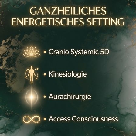 Ein Poster bewirbt ganzheitliches energetisches Setting mit vier Techniken: Cranio Systemic 5D, Kinesiologie, Aurachirurgie und Access Consciousness. Jede Technik wird durch ein einzigartiges Symbol dargestellt.