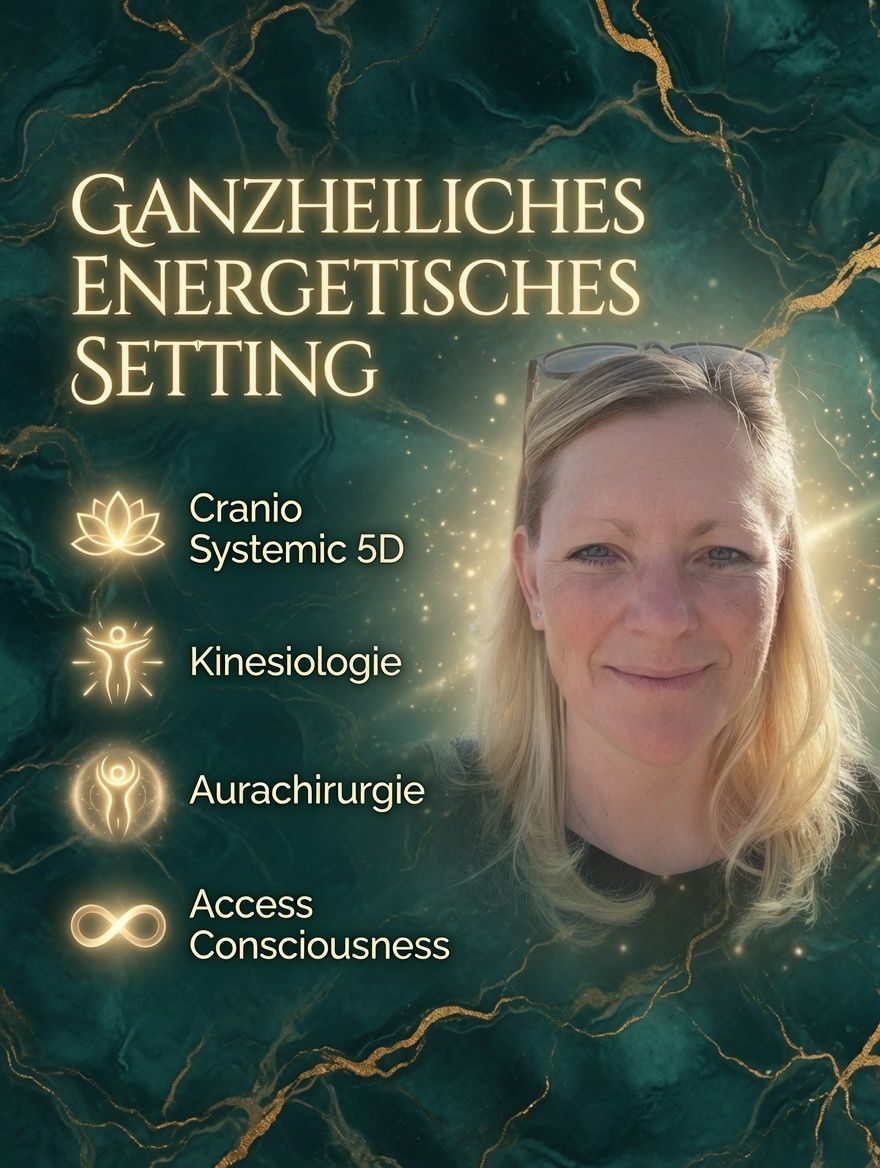 Eine Frau mit blonden Haaren und einer Brille auf dem Kopf lächelt vor einem grünen Hintergrund mit den Worten 'Ganzheitliches Energetisches Setting' und verschiedenen Symbolen.