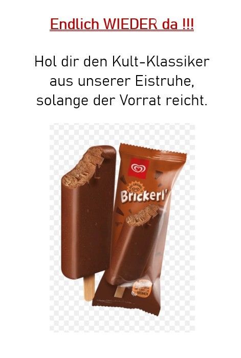 An image of a chocolate ice cream bar and a wrapped chocolate brick with the text 'Finally back!' in red. The caption reads 'Get the cult classic from our ice cream, as long as the stock lasts.'