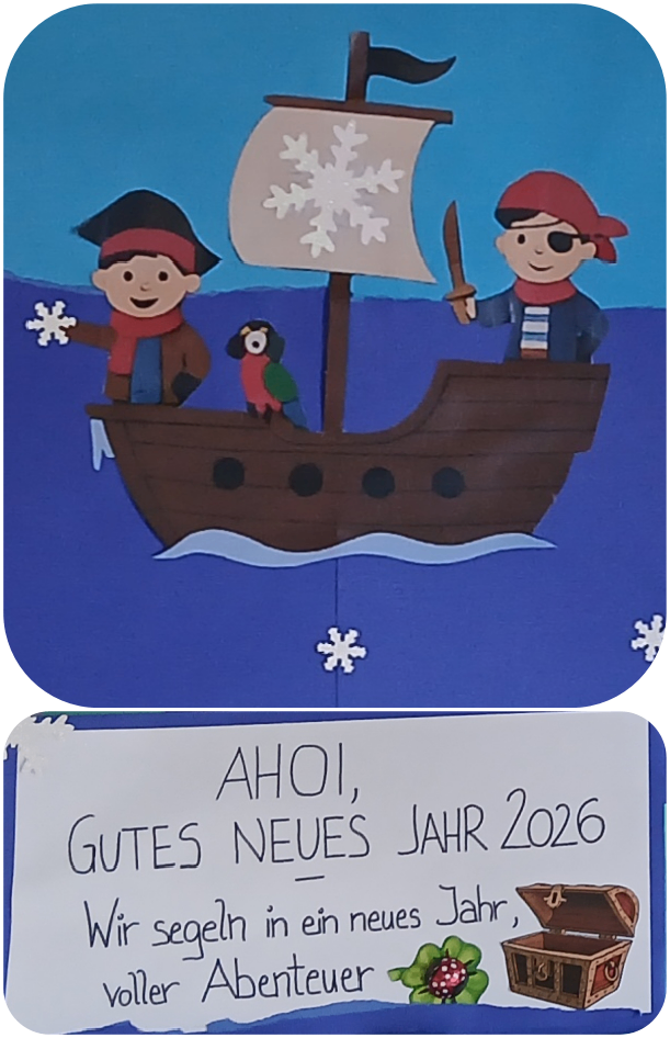 Eine Illustration zeigt zwei Piraten auf einem verschneiten Boot mit einem Papagei. Darunter steht die Nachricht 'AHOI, GUTES NEUES JAHR 2026', zum Jahreswechsel gratulierend.