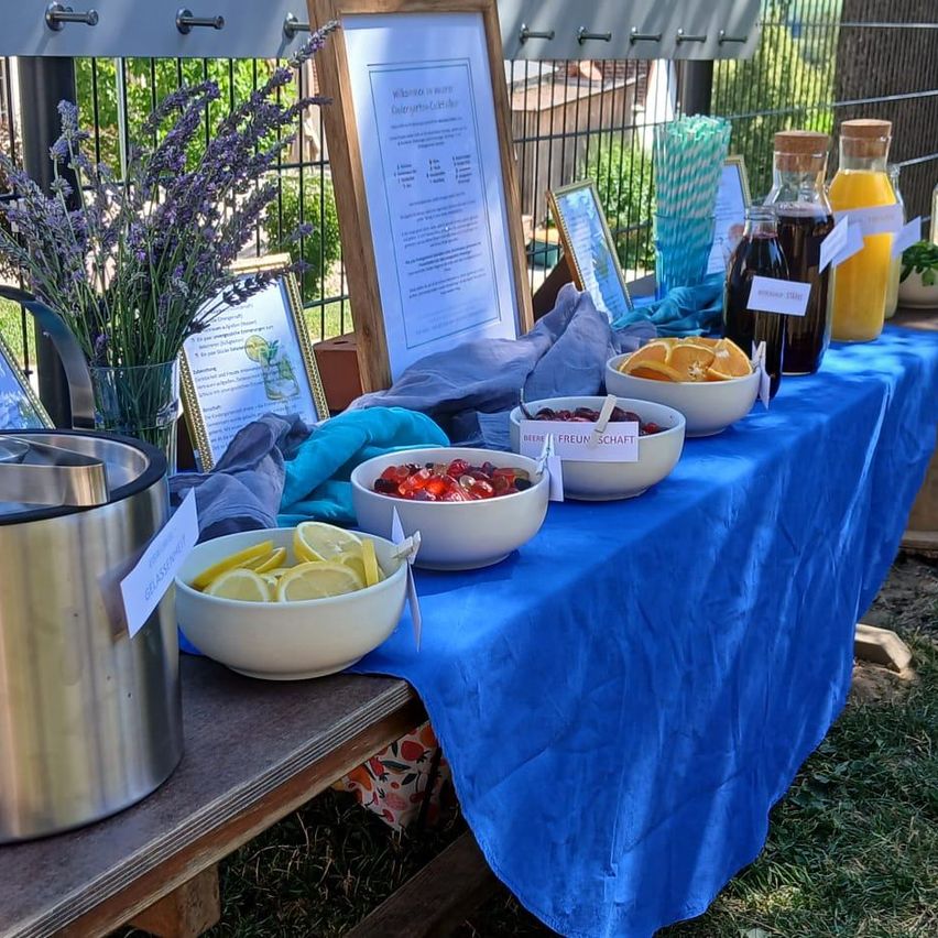 Ein Tisch mit blauer Tischdecke im Freien, ausgestattet mit verschiedenen Schalen frischer Früchte, einem Krug Limonade und einem Lavendelstrauß.