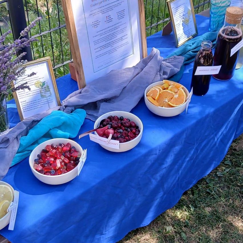 Ein Tisch mit blauer Tischdecke ist im Freien aufgestellt. Es gibt drei Schüsseln mit Beeren, eine Schüssel mit Orangenscheiben und drei Flaschen mit Getränken. Es gibt auch einige dekorative Gegenstände wie ein gerahmtes Menü, eine Flasche mit Korken und eine Vase mit Lavendel.
