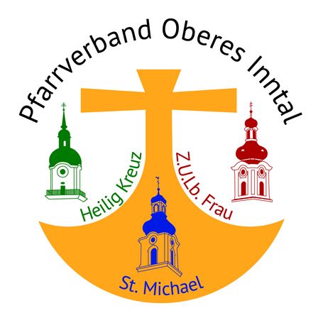 Das Emblem zeigt drei Kirchentürme in verschiedenen Farben um ein Kreuz herum. Es steht 'Pfarrverband Oberes Intal' und 'Z.U.B. Frau'. Der mittlere Turm ist blau und weiß.