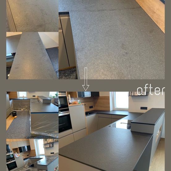 Eine Vorher-Nachher-Collage eines Küchenarbeitsplatten. Das Vorher-Bild zeigt eine schmutzige Arbeitsplatte. Das Nachher-Bild zeigt eine saubere, glänzende Arbeitsplatte.