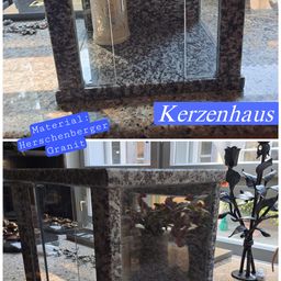 Eine Granitstruktur mit Glasfront zeigt eine dekorative Kerze und eine Pflanze im Inneren. Das obere Bild zeigt ein Kerzenhausen-Label, während das untere Bild einen Nahaufnahme des Inneren mit einer schwarzen Pflanze und zusätzlichen Reflexionen zeigt.