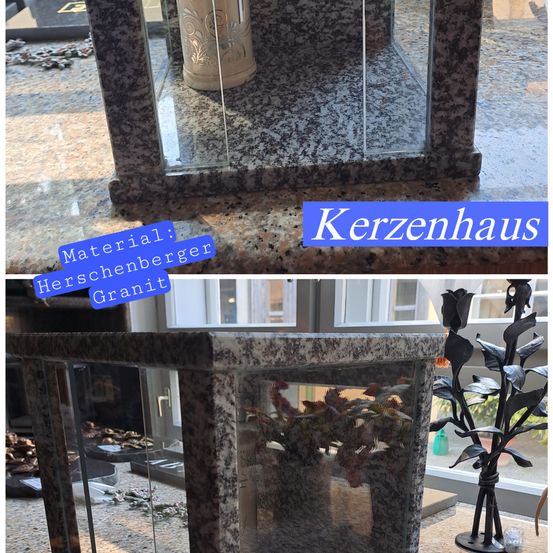 Eine Granitstruktur mit Glasfront zeigt eine dekorative Kerze und eine Pflanze im Inneren. Das obere Bild zeigt ein Kerzenhausen-Label, während das untere Bild einen Nahaufnahme des Inneren mit einer schwarzen Pflanze und zusätzlichen Reflexionen zeigt.