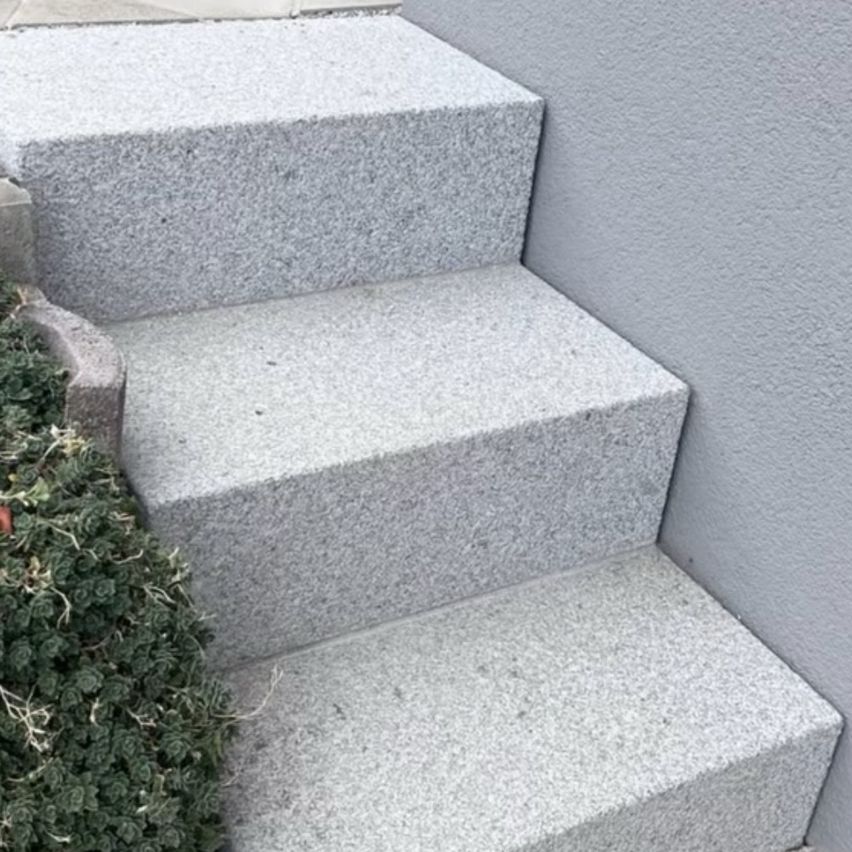 A close-up view of a set of gray granite steps with a plant on the left side.