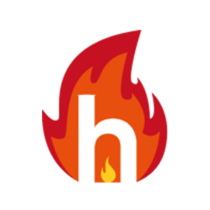 Ein stilisierter Buchstabe 'H' mit einem Flammendesign in Rot und Orange auf weißem Hintergrund.