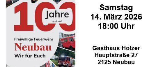 Plakat für Buchvorstellung am 14. März 2026 um 18:00 Uhr. Zeigt eine Fotocollage von Feuerwehrleuten, Text 'Buchprasentation 100 Jahre' und Details über das Buch und Veranstaltungsort.