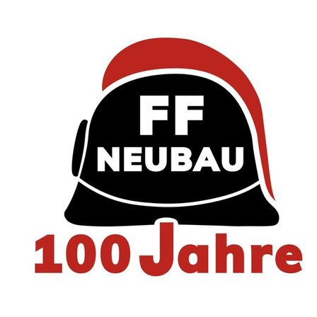 Ein schwarzes und rotes Logo mit einem stilisierten Helm, 'FF NEUBAU' in Weiß und '100 Jahre' darunter in Rot.